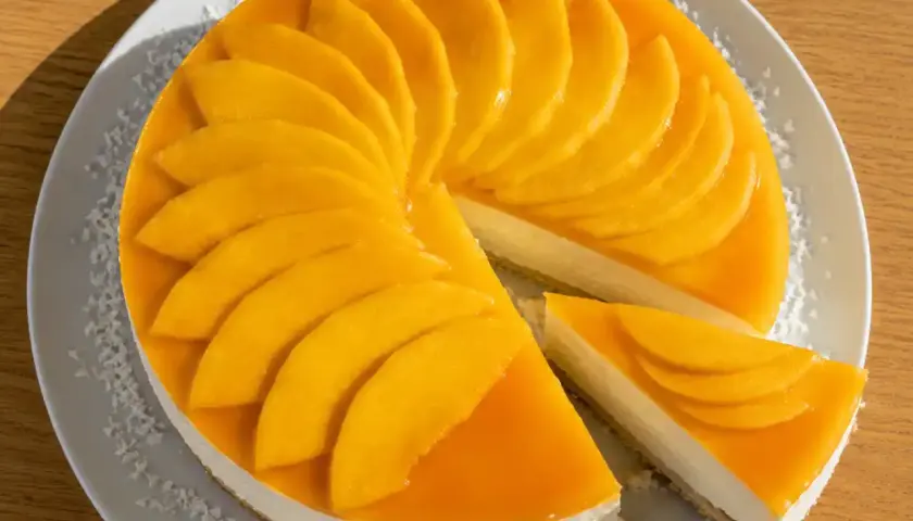 En krämig mango cheesecake med färska mangoskivor som pryder toppen. En bit är uppskuren och visar den läckra fyllningen.