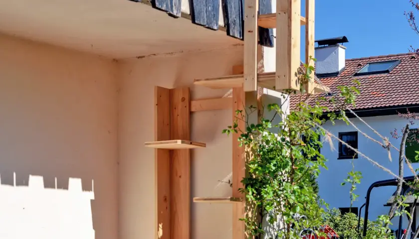 Selbstgebaute katzentreppe aus Holz, die an einer Hauswand befestigt ist. Mehrere Ebenen laden zum Klettern ein.