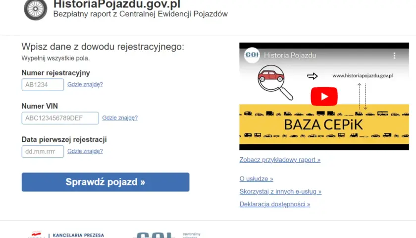 Formularz do wpisania numeru rejestracyjnego, VIN i daty pierwszej rejestracji pojazdu.