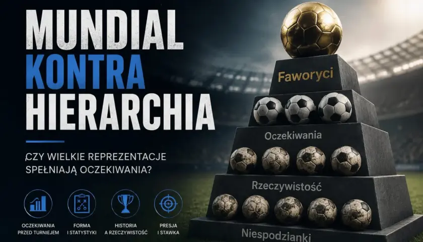 Złota piłka na szczycie piramidy symbolizuje faworytów mundialu. Pod nią warstwy z piłkami: oczekiwania, rzeczywistość i niespodzianki. Analiza rankingów mundialu.