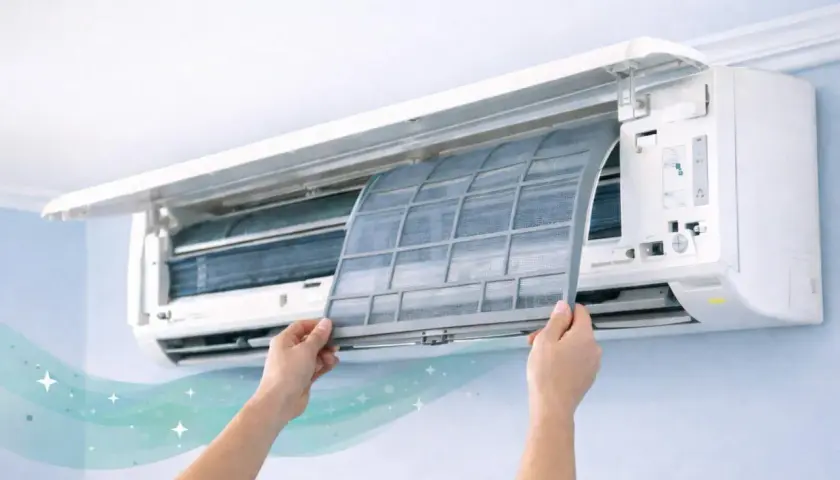 Manos retirando filtro de aire acondicionado split. Limpiar el filtro es clave para cómo eliminar el mal olor del aire acondicionado split y disfrutar de aire fresco.