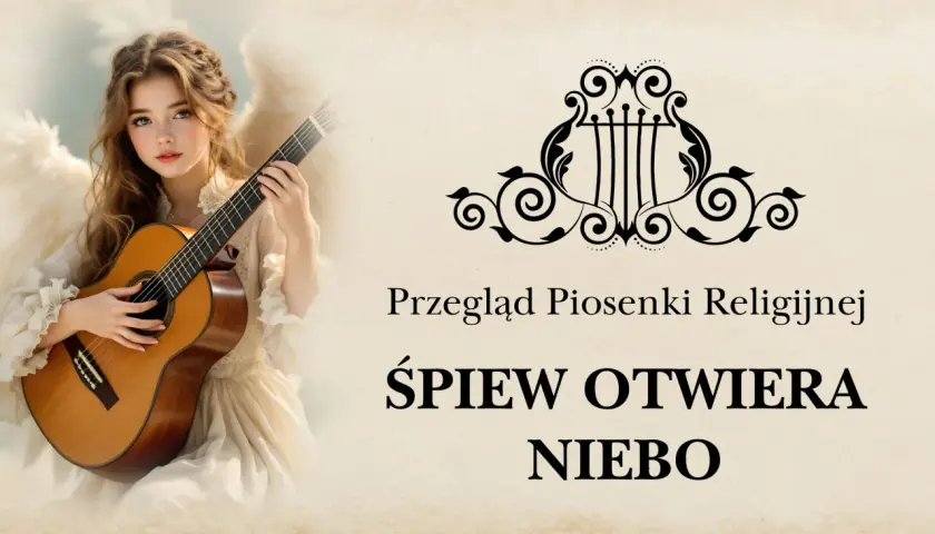 Anioł z gitarą gra piosenki religijne młodzieżowe. "Śpiew otwiera niebo".