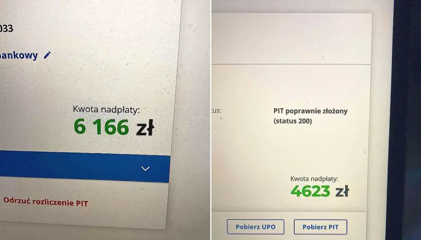 Na ekranie widoczna kwota zwrotu PIT-11: 6166 zł i 4623 zł. PIT poprawnie złożony.