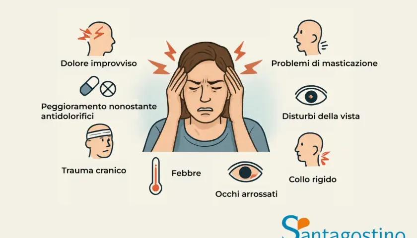 La donna si tiene la testa, con simboli che indicano dolore improvviso, problemi di vista, febbre e rigidità del collo. Mi sento la testa strana.