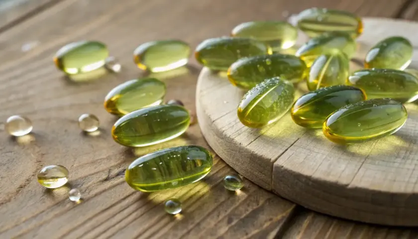 Gula kapslar med omega 3 till barn, glänsande av ljus, ligger utspridda på trä.