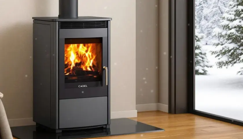 Poêle à bois Cadel en feu, avec une vue sur un paysage enneigé. L'alarme pressostat assure un fonctionnement sûr.