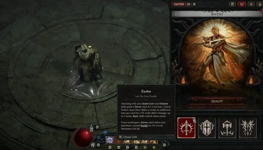 Interface de Diablo 4 : le joueur choisit l'Oath "Zealot", une classe axée sur les attaques rapides et les bonus de dégâts.
