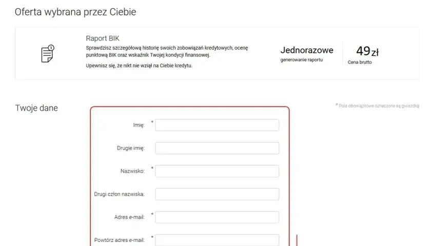 Formularz do wypełnienia danych osobowych w celu wygenerowania raportu BIK. Sprawdź swoją historię kredytową, aby upewnić się, że nikt nie wziął na Ciebie kredytu.