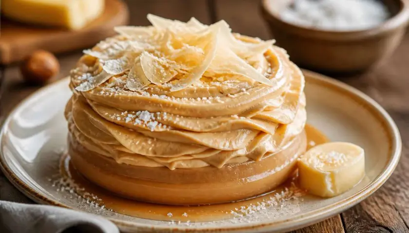Gâteau crémeux avec chantilly chocolat blanc, garni de copeaux dorés et saupoudré de sucre glace. Un délice visuel et gustatif.