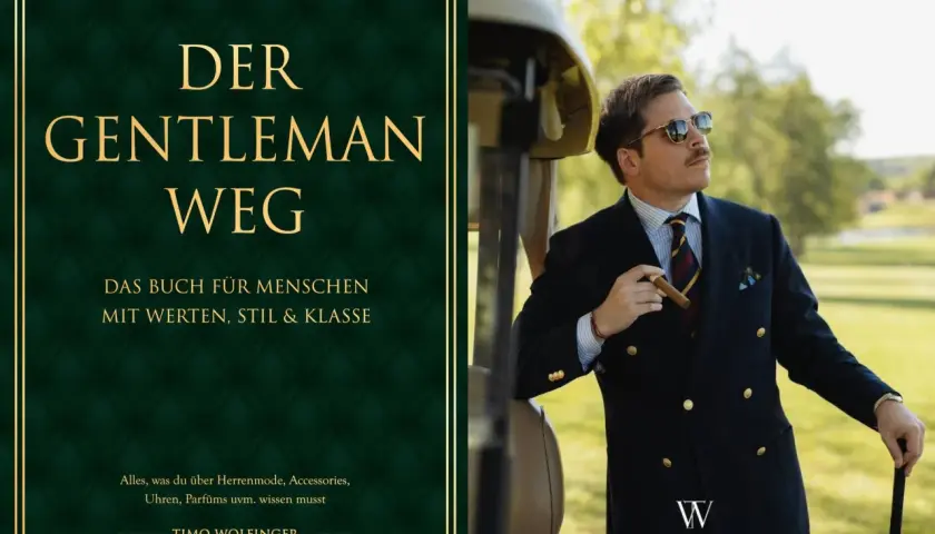 Ein Mann mit Zigarre und Golfschläger verkörpert gentlemanlike verhalten. Daneben das Buch "Der Gentleman Weg" über Stil und Klasse.
