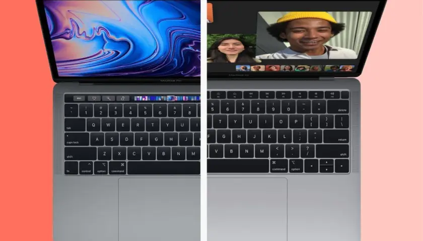 Zwei MacBooks nebeneinander: links ein MacBook Pro mit abstraktem Wallpaper, rechts ein MacBook Air mit Videoanruf. Der MacBook Air und Pro Unterschied wird hier visuell.
