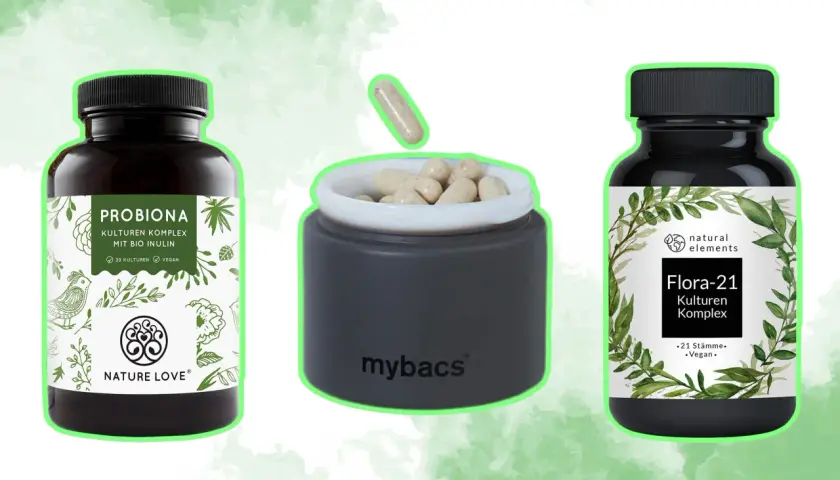 Tres envases de suplementos probióticos, incluyendo "Probiona" y "Flora-21", con cápsulas visibles.