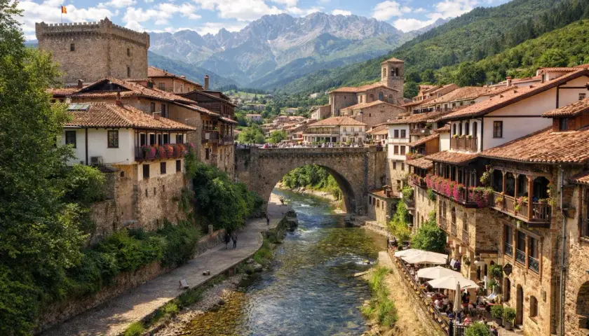 Un pueblo con encanto en Cantabria, con un río que lo atraviesa, un puente medieval y casas de piedra con balcones floridos. ¡Pura magia!