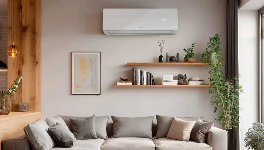 Un aire acondicionado blanco en la pared controla el calor, mostrando 26°C. Debajo, un sofá gris con cojines y estanterías con libros y plantas.