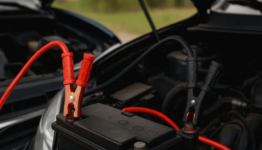 Starta bilen igen! Röda och svarta kablar kopplas till batteriet för att koppla batteri och ge bilen liv.