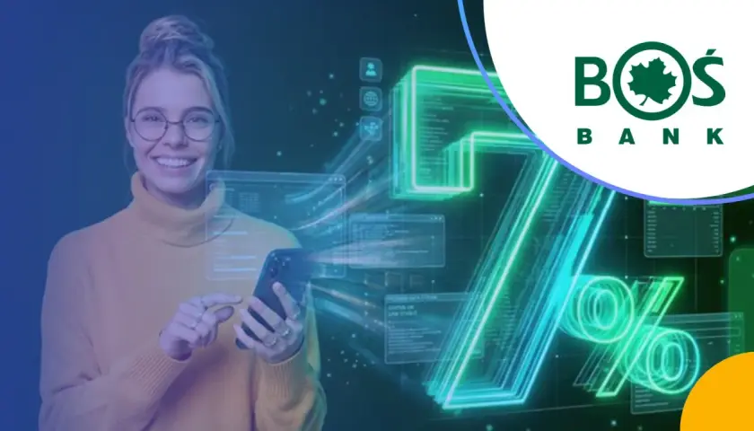 Uśmiechnięta kobieta z telefonem w ręku, obok logo BÓŚ Bank. Neonowe cyfry i znaki procentów sugerują wysokie oprocentowanie konta oszczędnościowego.