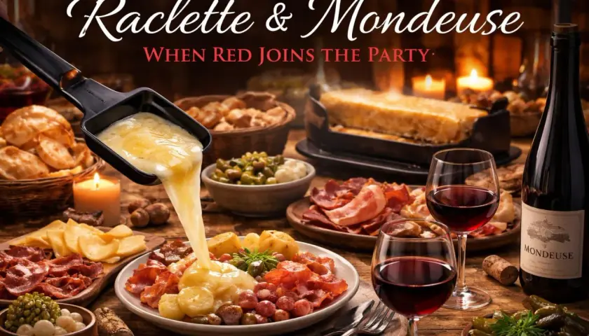 Raclette et Mondeuse : un vin rouge de Savoie parfait pour accompagner ce plat savoyard. Fromage fondu, charcuterie et pommes de terre.