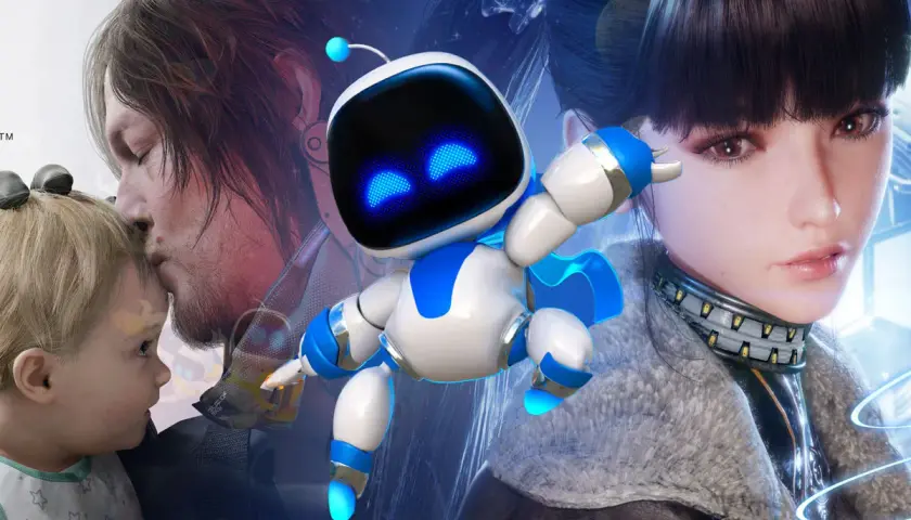 Astro Bot, bohater najlepszych gier na PS5, otoczony postaciami z gier.
