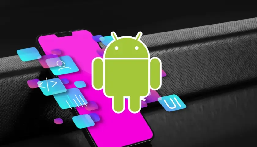 Jak otworzyć plik zip na telefonie z Androidem? Ikony aplikacji i logo Androida unoszą się nad ekranem smartfona.