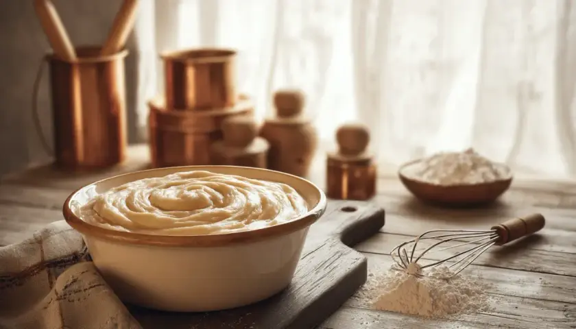 Un bol de pâte à beignets crémeuse, prêt à être cuisiné. Farine et fouet à proximité.