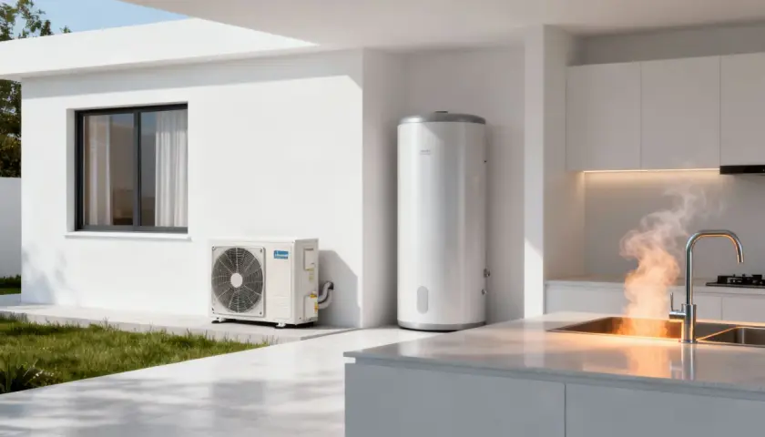 Unidades exteriores e interiores para acs agua caliente sanitaria, con un termo y una cocina moderna con vapor saliendo del grifo.