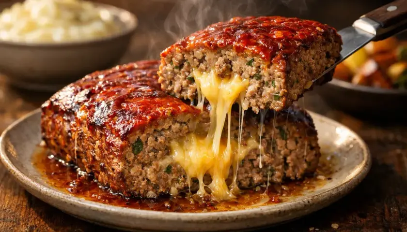 Un délicieux pain de viande dégoulinant de fromage fondant, nappé d'une sauce rouge appétissante.