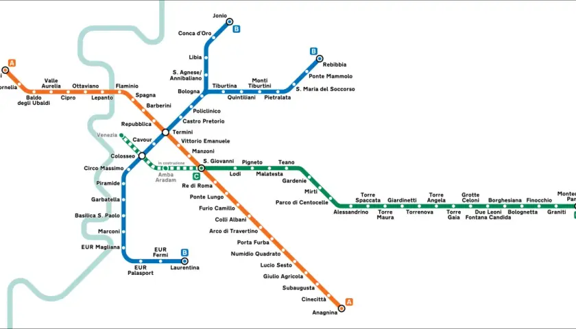 Mappa della metro di Roma con linee A (arancione), B (blu) e C (verde). Ideale per esplorare la città con il metro gratis.