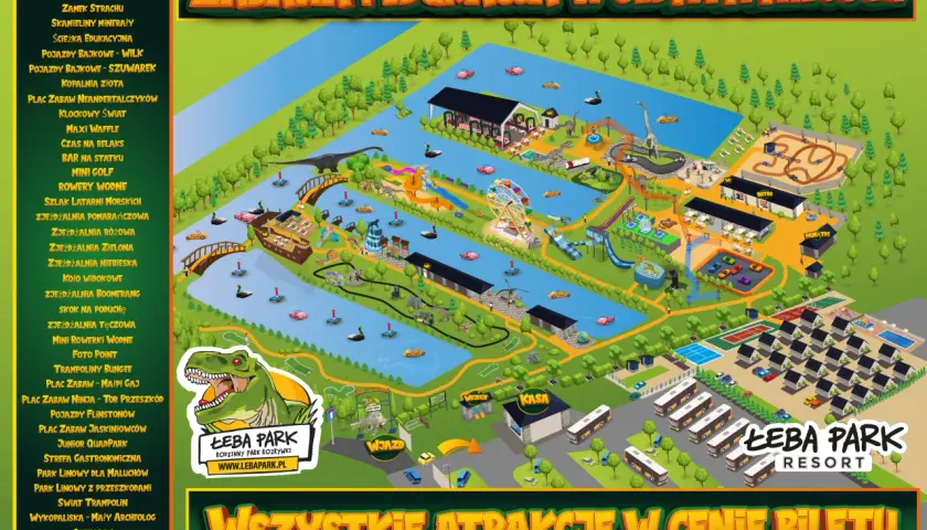 Mapa Łeba Parku z atrakcjami, gdzie jest kino 5D? Szukaj wśród zjeżdżalni i dinozaurów!