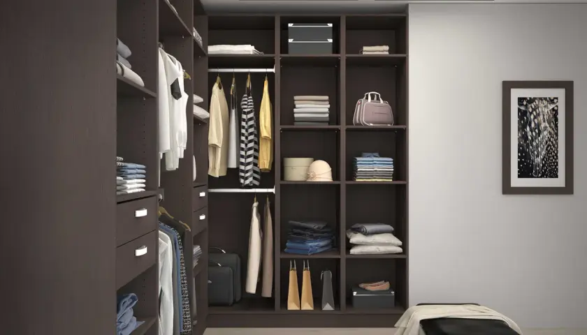 Un dressing bien organisé avec des vêtements et accessoires rangés. Le bois sombre est une couleur qui va avec tout, créant une ambiance élégante.
