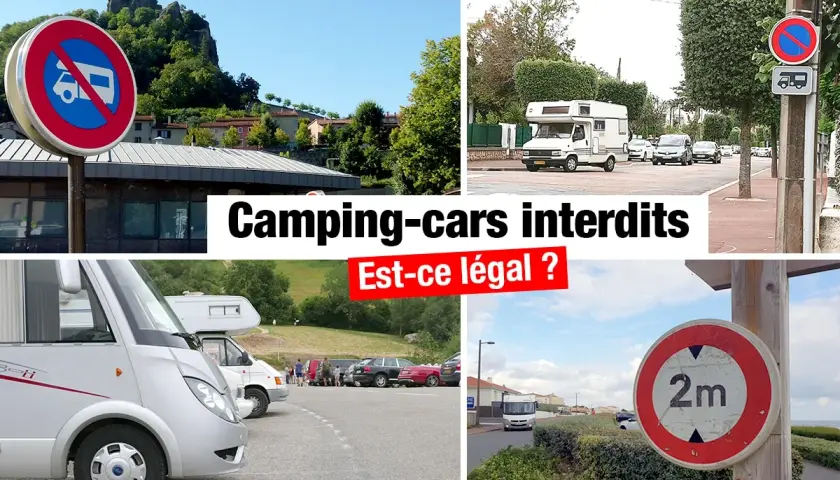 Panneaux interdisant le camping-car sauvage. Des camping-cars sont garés dans un parking.