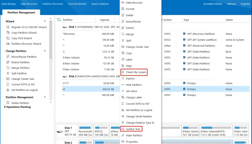 MiniTool Partition Wizard: Menü "Check File System" ist geöffnet. Hier kann man die Festplatte prüfen, ähnlich wie mit xcopy /y.