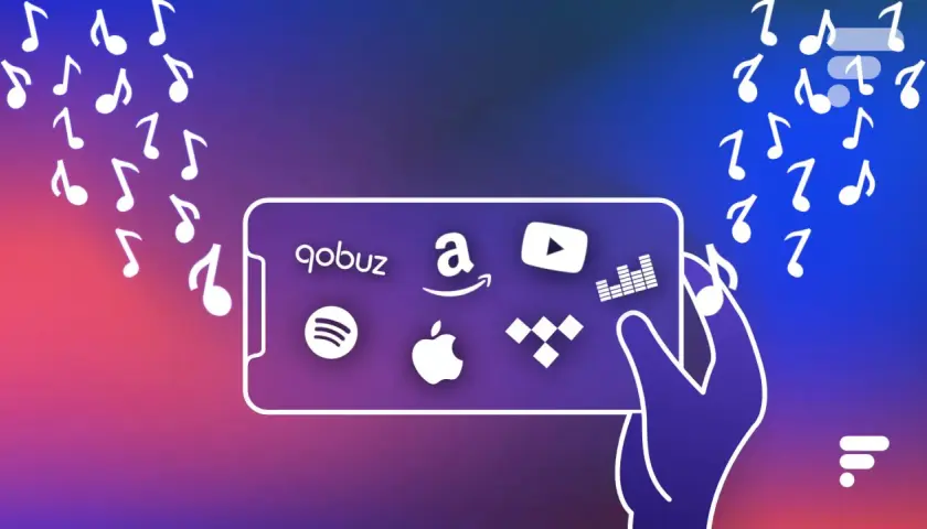 Une main tient un smartphone affichant plusieurs logos d'application musicale : Qobuz, Amazon Music, YouTube Music, Spotify, Apple Music et Tidal.