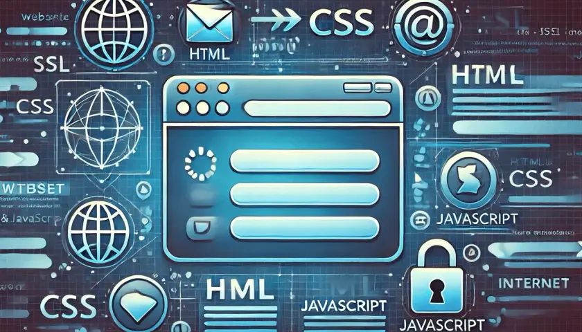 Grafika przedstawia okno przeglądarki internetowej otoczone ikonami symbolizującymi HTML, CSS, JavaScript i bezpieczeństwo.