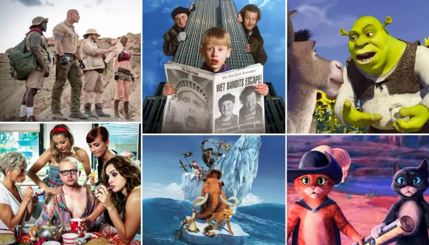 Kolaż filmowy: Jumanji, Kevin sam w domu, Shrek, Epoka Lodowcowa, Kot w butach. Zastanawiasz się, jak długo filmy są w kinach?
