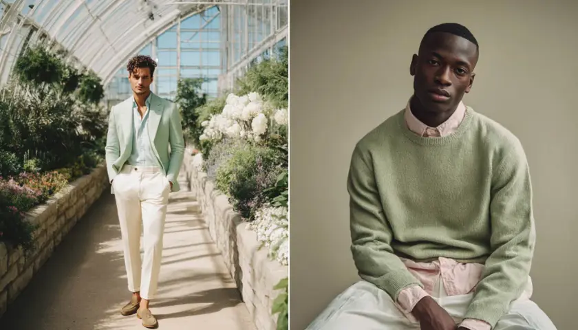 Dos hombres con atuendos que resaltan los colores que combinan con el verde: uno con traje menta y blanco en un invernadero, otro con suéter verde y camisa rosa.