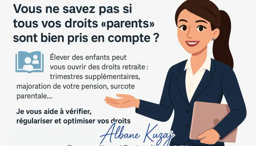 Une consultante aide à optimiser les droits retraite liés à l'éducation des enfants, incluant les trimestres supplémentaires.