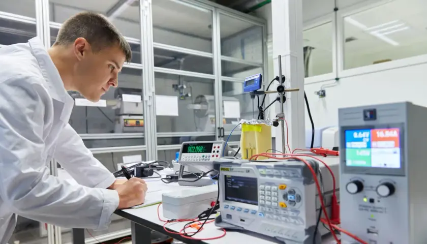 Científico en laboratorio registrando datos de un experimento de transferencia de calor con equipos electrónicos.