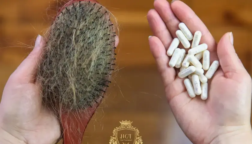 Cepillo con pelo caído y mano con cápsulas, buscando las mejores vitaminas para el pelo.
