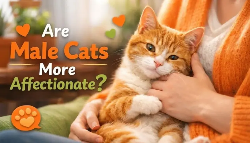 An orange tabby cat is held by a person, with text asking "Are male cats more affectionate?".