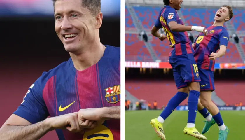 Piłkarze Barcelony świętują gola. Lewandowski z uśmiechem, a dwaj młodzi zawodnicy wykonują radosny dublet.