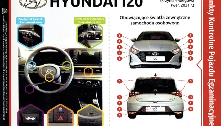Na egzaminie z prawa jazdy na Hyundai i20 poznasz obsługę świateł: pozycyjnych, mijania, kierunkowskazów, awaryjnych i przeciwmgielnych.