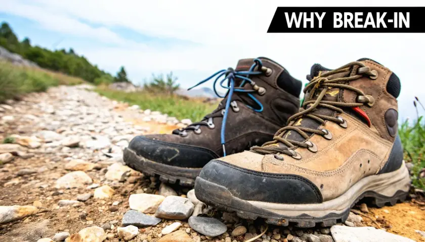 Two hiking boots sit on a rocky trail, ready for an adventure. A perfect hiking fit ensures comfort and support on any terrain.