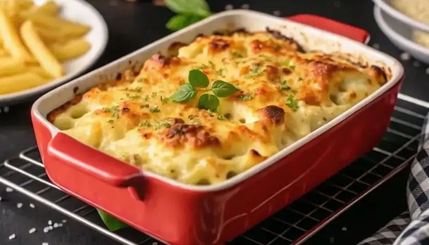 Un gratin de crozet doré et gratiné, garni de persil frais, sort du four. Un plat réconfortant prêt à être dégusté.