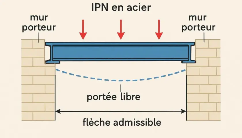 Un IPN en acier repose sur des murs porteurs. La portée libre est la distance entre les murs. La flèche admissible indique la déformation maximale autorisée.