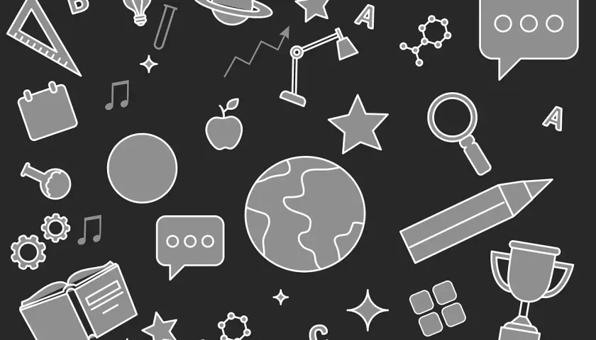 Grafika z ikonami edukacyjnymi: książka, globus, jabłko, ołówek, trofeum, litery A, B, C.