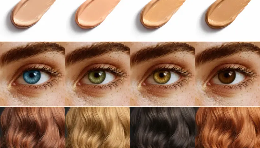 Échantillons de fond de teint, yeux aux couleurs variées (bleu, vert, noisette, marron) et mèches de cheveux (roux, blond, brun, auburn), évoquant la couleur du printemps.
