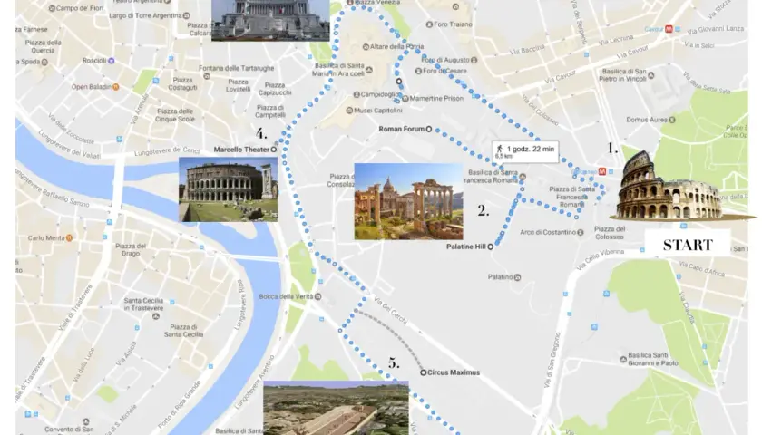 Plan na **rzym w 3 dni**: trasa od Koloseum (1) przez Forum Romanum (2), Piazza Venezia (3), Teatr Marcellusa (4) do Circus Maximus (5).