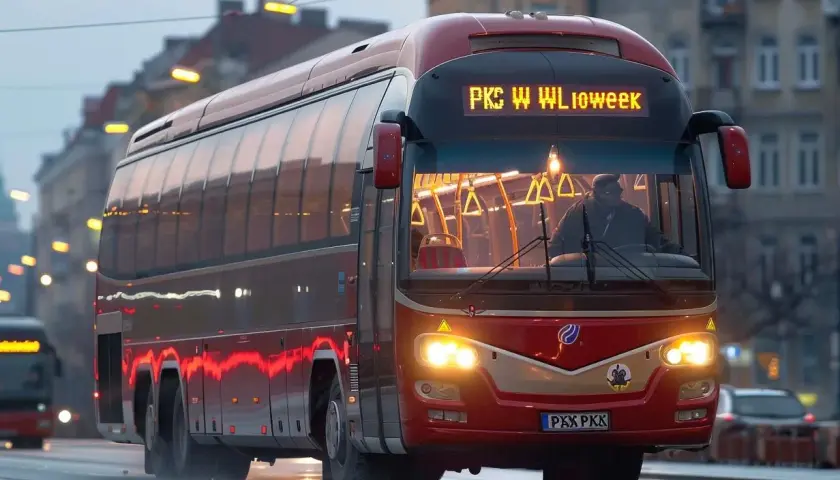 Czerwony autobus PKS Włocławek na mokrej ulicy, idealny do zakupu biletów miesięcznych.