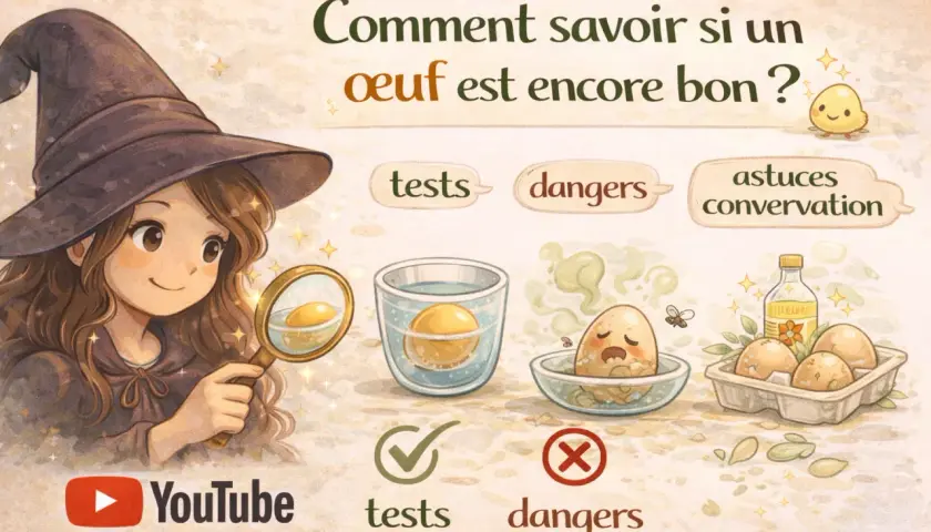 Une sorcière examine un œuf à la loupe. L'image montre des tests pour savoir si on peut manger des œufs périmés, avec des dangers illustrés.
