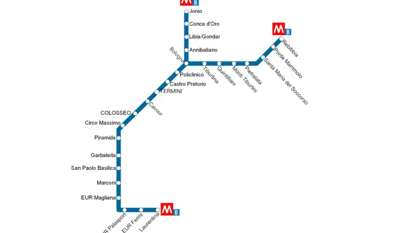 Mappa metro Roma: linea B da Jonio a Laurentina, passando per Tiburtina e Colosseo.